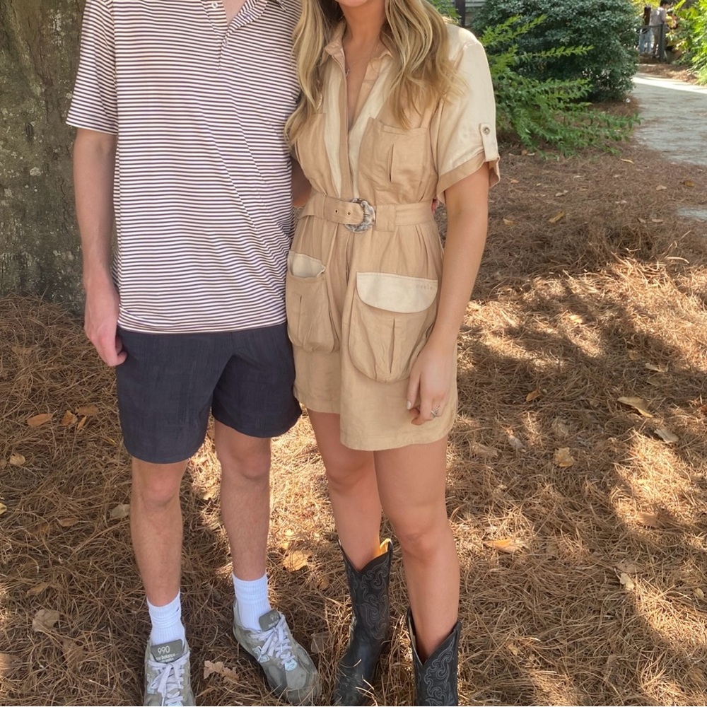 Beige Belted Midi Dress